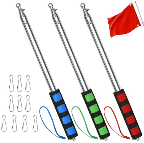 APXEL 3 Asta Bandiera Telescopica, 2m Asta Bandiera Portatile in Acciaio Inossidabile, Manuale Porta con Impugnatura Antiscivolo, 10 Ganci per Guide Turistiche, Campeggio, Insegnanti(Blu+Rosso+Verde)