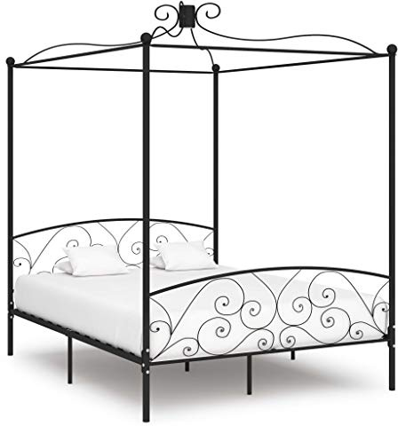 Ordellia Himmelssäng-ram, svart, metall, 160 x 200 cm, robust plattformssäng för sovrum, elegant design, med ribbotten, för gardiner