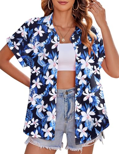 Zeagoo Chemise Hawaïenne Femme Manches Courtes Blouse Boutonnée Chemisier Été Encolure en V Chemise Hawaïenne Imprimé Floral Tropical Shirt Casual Hauts Floraux-A XL