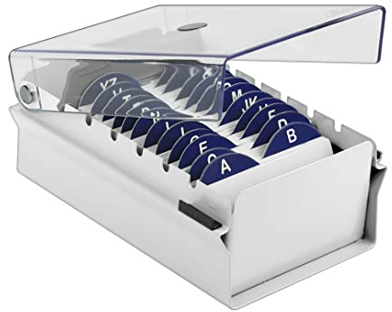 Acrimet Index Business Card Size File Holder Organizer Box Metal Base Heavy Duty (AZ Index Cards and Divider Included) (White Color with Clear Crystal Plastic Lid Cover)