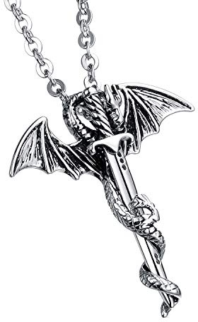 dsanbo Rostfritt stål silver drake svärd hänge halsband hänge retro smycken pojke herrhalsband, 46mm x 41mm, Rostfritt stål