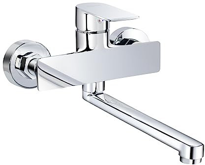 PHASAT Wasserhahn Küche Wandmontage, 360° Drehbare Küchenarmatur Wandarmatur Spüle Einhebelmischer Schwenkarm 25cm PTBC09E