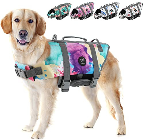 EMUST Dog Life Jacket, Lightweight Dog Life Vests with Rescue Handle for Small Medium and Large Dogs, Pet Safety Swimsuit Preserver for Swimming Pool Beach Boating, 2XL, Multicolors