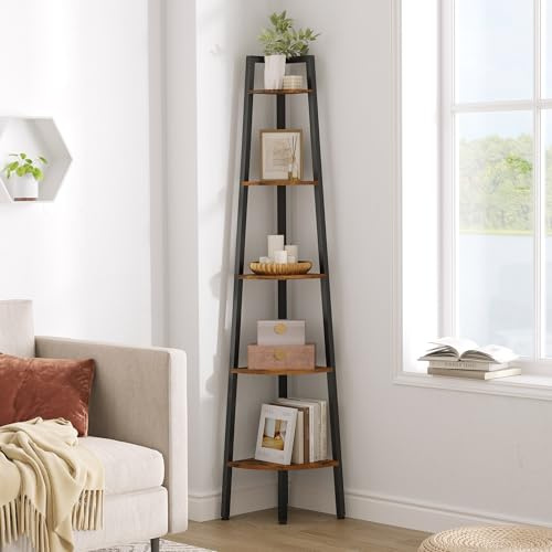 Hoctieon Scaffale d’Angolo Rustico Industriale 5 Livelli, Libreria a Scala per Soggiorno, Cucina, Ufficio Domestico, Balcone, Spazi Piccoli, Struttura in Metallo, Marrone