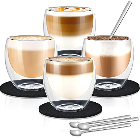 Cieex Ensemble Tasse Double Paroi 4pcs Tasse a Cafe Double Paroi avec Cuillères et Dessous de Verre en Feutre (250ml)