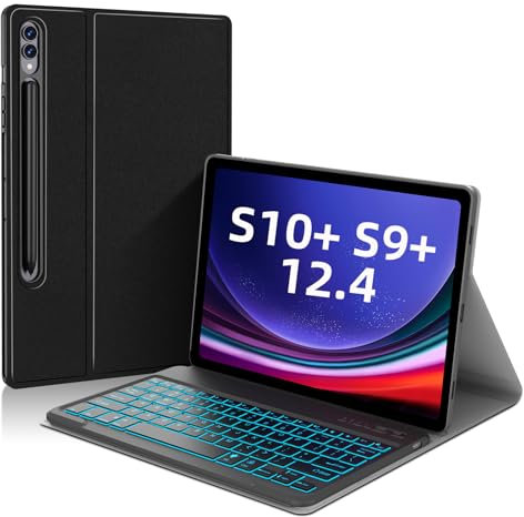 JUQITECH Samsung Galaxy Tab S10+ S9+ Backlit Keyboard Case 12.4 Inch, S10 Plus S9 Plus Tablet Multi-Angle Stand Cover Case with Detachable Wireless Keyboard