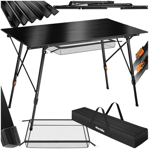 TecTake® Premium Camping Table, Adjustable Height, Lightweight Aluminium, Weather-Resistant, Easy Setup with Storage Net, fold away table Includes Dual-Handle Carry Bag 120x70.5x58–79cm - black