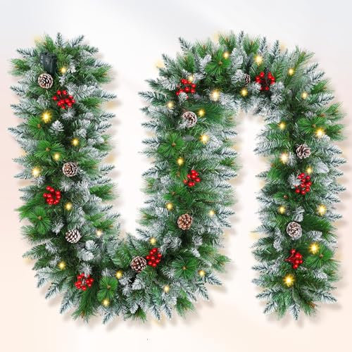 Anveltech Christmas garland,christmas garland with lights Decorated Snow Tipped Artificial Green Xmas Garland with Pinecones and Red Berries for Home Stairs Fireplace Front, Christmas Decorations 9 Ft