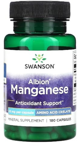 Swanson - Albion Chelated Mangan | Essentielles Mineralienpräparat für die Gesundheit von Sehnen und Knochen - 180 Kapseln