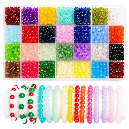 Kit för tillverkning av kristallsmycken, 8 mm runda glaspärlor för smyckestillverkning, kristallpärlor i 28 färger, för att göra egna armband, halsband, telefonberlocker, för flickor/vuxna (6 mm)