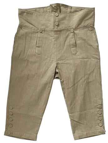 Mens Colonial Knee Linen Breeches 18th Century Pants Fall Front Style, Khaki, Medium