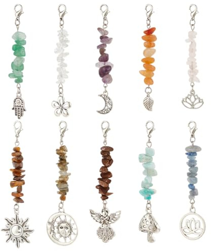 MAYJOYDIY 10Pcs Crystal Keychain Charms Natural Gemstone Pendant Sun Moon Leaf Flower Gemstone Keychain Bead Pendant Decorations for Jewelry Making DIY Craft Gift