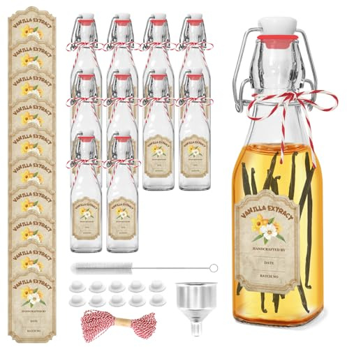 NVioAsport 10 Pack Swing Top Glass Vanilla Extract Bottles 8 oz with Lids, Vanilla Extract Labels and Funnel, Glass Boston Bottles for Syrup Gift, Flip Top Jars