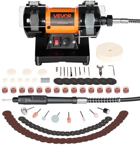 VEVOR Esmeriladora Doble 200 W, Amoladora de Banco, 8300-10600 RPM Velocidades Ajustables, Protección contra Chispas, Kit de Accesorios de 100 Piezas, Multifuncional para Madera Piedra Metal Joyería