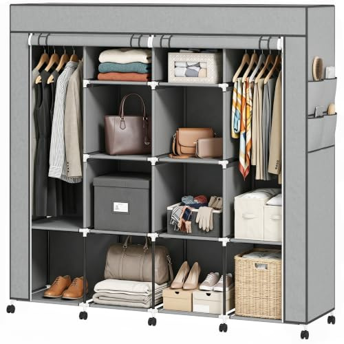 HOMCOM Armoire penderie en Tissu Mobile 10 roulettes 166x42,5x167cm Gris | Meuble de Rangement, 10 Compartiments, Barres de Suspension, Housse Anti-Poussière, Portes à Enrouler, Cadre en Acier