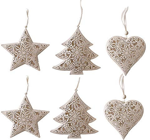 Valery Madelyn 6er Set 11-12cm Metall Weihnachtsanhänger Weihnachtsdeko hohles Herz Stern Baum Anänger Weihnachtsdekoration zum Aufhängen für Christbaumschmuck MEHRWEG Verpackung