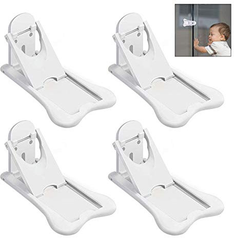 iwobi Kindersicherung Schrank, 4 Stück Schranksicherung Baby Kinder Schiebetür Sperren, Kühlschrankschloss Ohne Bohren Safety Lock Schiebetürsperre für Fenster Schranktür Schiebtür Weiß