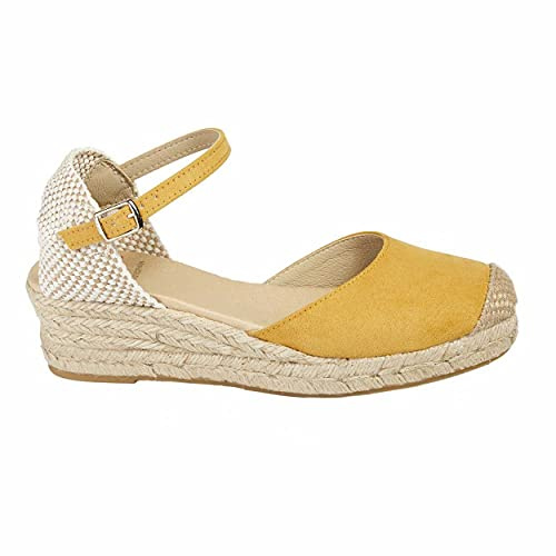 No es lo mismo – Espadrille – sandaler av jute med kilklack för kvinnor | platåskor 3 remmar Espadrille spänne | stängd sko spets | Färg: Sandfärg, grön, rosa, marinblå och mer, - ockra - 40 EU