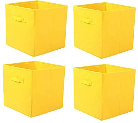 ZOONFA Set of 4 Foldable Cube Storage Boxes Collapsible Linen Fabric Clothing Shelf Basket Bins Toy Box Home Office Organizer (Yellow)
