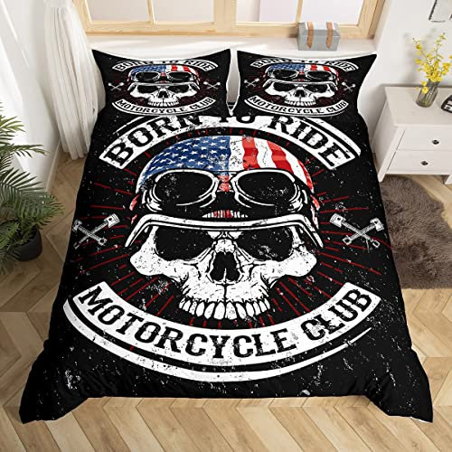 Juego de ropa de cama para motociclistas y niños y niñas, juego de funda de edredón con diseño de calavera retro para motociclistas, diseño de esqueleto para dormitorio, deportes extremos, súper king