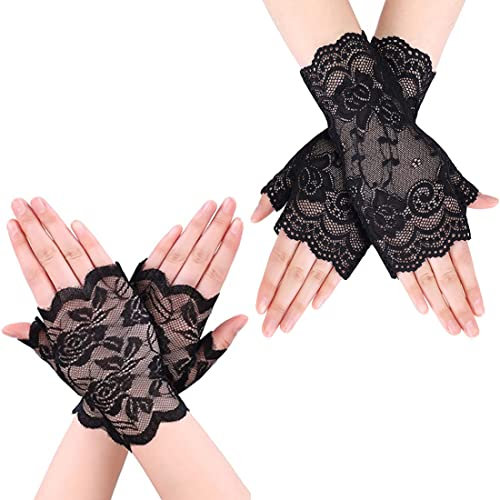 JKJF 2 Paar Fingerlose Spitze Handschuhe 1920s Opera Fest Party Handschuhe Braut Lace Handschuhe für Hochzeit Maskerade Kostüm Motto Party - Schwarze