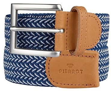 PIERROT Ceinture Tressée Élastique Made in France - Ceinture Elastique pour Hommes Étirable avec Tissu Souple 105cm à 120cm - Fabrication Artisanale Boucle en Acier & Finitions en Cuir