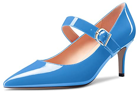 Saekcted Femmes Aiguille Mi Kitten Talon Heel Pointu Bout Escarpins Mary Jane Slip-on Dress Chaussures 6.5 CM Heels Bleu Vernis 40 EU