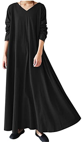 TRIGLICOLEUM Robe longue pour femme - Vintage uni - Hiver - Kaftan ample et décontracté - Manches longues - Col en V - Pull-robe - Chaud - Coton - Maxi robe décontractée - Robe de tous les jours pour