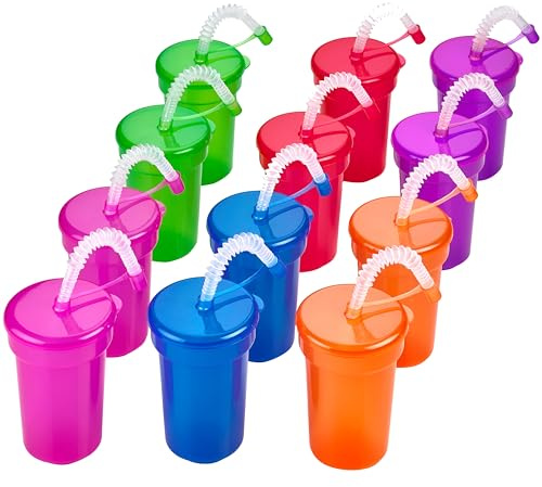 Playbees 12 Pack Neon Sipper Cups - 6 Oz. - Colorful, Spill-Proof Cups with Lids and Straws - Ideal for School Events, Themed Parties, and Birthday Celebrations - Party Supplies