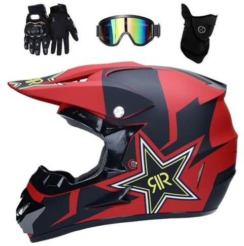 Youth Kids MTB Motocross Helmet Set, with Goggles Mask Gloves, Spider Web Full Face Off Road ATV Motorbike Helmet, Enduro Downhill MX Quad Dirt Bike Crash Helmet for Boys Girls (Color : Matt Red, Si