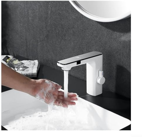 Touchless Waschtischarmatur Sensor Armaturen und Mischgerät für Badezimmer Waschbecken, Digitalanzeige Warm-Kaltwasser Mischbatterie Badezimmer Waschbecken Infrarot Sensor Wasserhahn (Weiß)