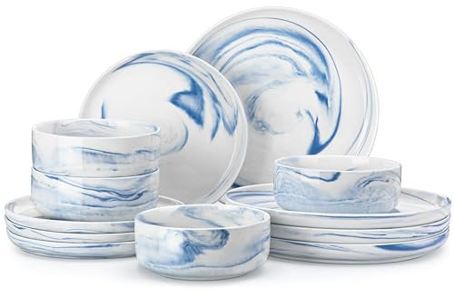MALACASA Dinner Set for 4, 12 Pieces Porcelain Plates and Bowls Sets Dinnerware Sets Chip Resistant Ceramic Dish Set Service for 4, Marble Blue, Series Luna