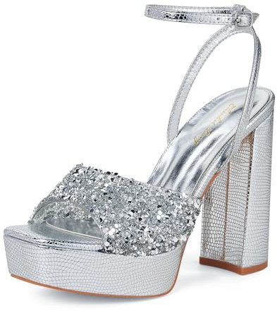 Zhabtuc Sandali da Donna con Tacco Alto Texture Lucertola Tacco 12 cm Cinturino alla Caviglia Peep Toe Strass Abbellimento, argento, 41 EU