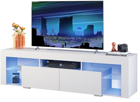 WLIVE 160 cm LED TV Schrank, TV-Schrank Weiß Fernsehtisch mit LED für 50 55 60 65 70 Zoll Fernseher, 20 Farben RGB Fernsehschrank für Wohnzimmer Schlafzimmer, Moderne TV Bank aus Holz mit 2 Schubladen