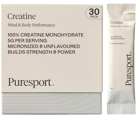 Puresport Creatine Monohydrate Powder (30 Sachets), 5g Micronised Unflavoured Creatine Supplement for Women & Men, Improves Strength & Recovery, Informed Sport Certified, Travel-Friendy