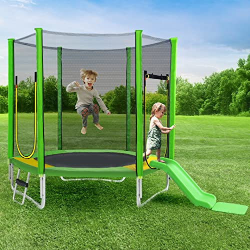 Gartentrampolin für Kinder, Durchmesser 213 cm, mit Rutsche, Leiter, Sicherheitsnetz, Doppeltür und gepolsterten Barrieren, Gartenspielzeug, TÜV-zertifiziert, Tragkraft 100 kg