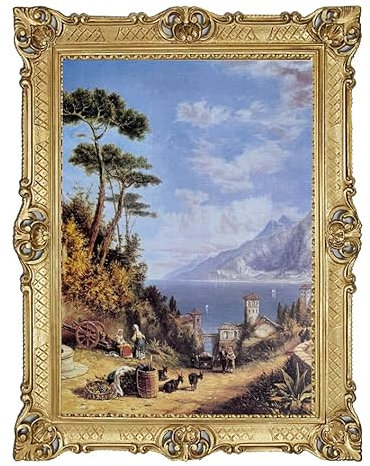 Vacker målning 90 x 70 cm J. Bell Paesaggio vintage landskapsmålning med Medelhavets kust, gyllene barockram, bergslandskap och by