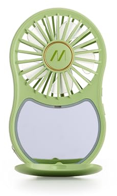 Muitomas, Mini Ventilatore Portatile Ricaricabile, 3 Velocità, Ingresso USB-C, con Specchio Integrato e Luce, Colore Verde Salvia