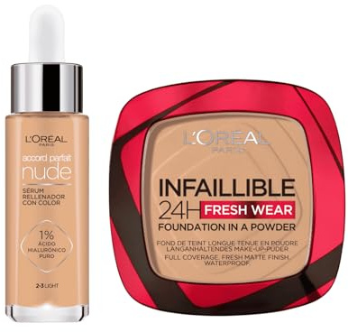 Pack L'oréal Paris Accord Parfait Sérum Con Ácido Hialurónico Tono 2-3 Light + Polvo Compacto Mate Infalible 24h, Larga Duración, Cobertura Media-Alta, Resistente Al Agua, Tono: 140 Golden Beige