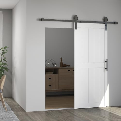 HOMCOM Porta Scorrevole Esterna Muro 81.3x213.4cm, Binario Acciaio, Maniglia Migliorato, Ruote, Porta da Interno in Stile Industriale, in MDF e Legno Pino, Impermeabile, per Cucina, Bagno, Soggiorno