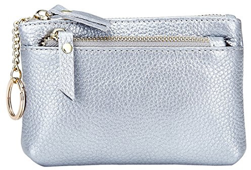 Esdrem - Cartera/monedero delgada para mujer de piel premium con tres cremalleras - Para llevar monedas y tarjetas - Incluye llavero de anilla Plateado plata
