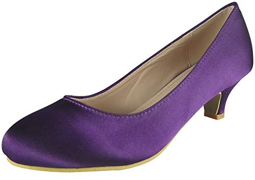 Ladies Womens Low Kitten Heel Work Court Evening Dress Girls Shoes Pumps UK Size 3 4 5 6 7 8 (3 UK, Purple Satin)