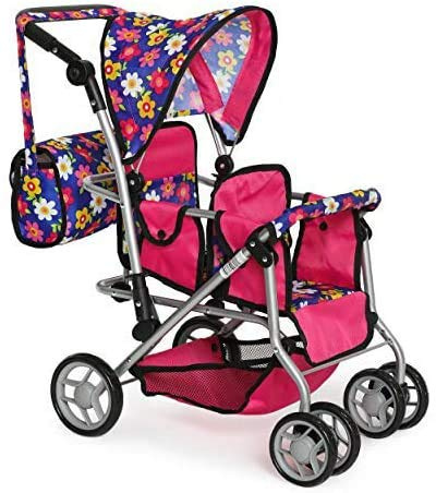Twin Doll Stroller with Diaper Bag and Swivel Wheels & Adjustable Handle - Pink & Polka Dot Design (Flower)