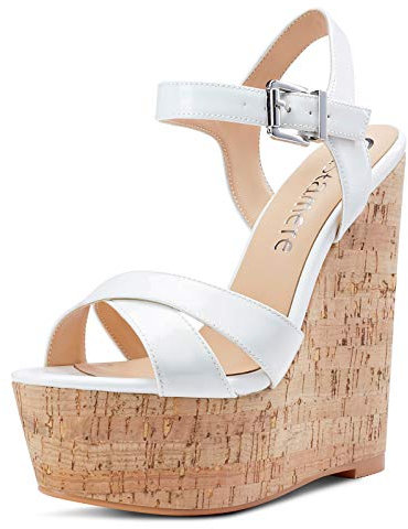 Castamere Scarpe col Tacco Donna Moda Sandali con Zeppa Plateau Wedge High Heels Bianco Pelle Verniciata Scarpe EU 41