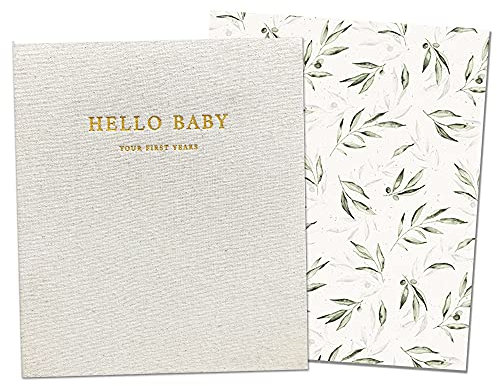 Peachly Unisex Memory Book | Minimalist First Year Keepsake for Milestones | Books First Year Memory Book | Simple Scrapbook for Boy Girl Milestones | Natural Linen - Olive