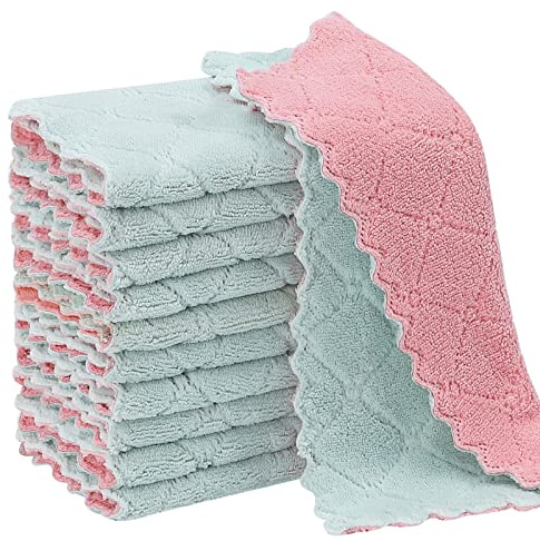Rachan 11Pack Kitchen Dish Cloths, Reusable Dish Towels, Nonstick Oil Washable Fast Drying, Super Absorbent Coral Velvet Cleaning Cloths for Cleaning Tableware, Kitchen, Bathroom (Pink-green10 x 6)