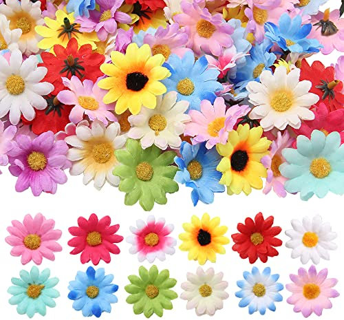 Neikafan 200 Stück Kunstblumen Blütenköpfe Daisy Bunt Künstliche Blüten Klein Seidenblumen Deko Gänseblümchen Blütenköpfe für Basteln Hochzeit Party Heimdekoration(4cm)
