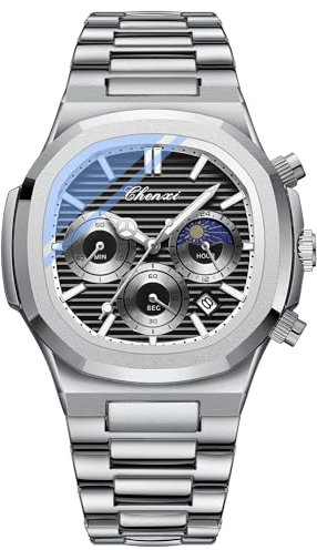 Tiong Herren Chronograph - Quadratisches Achteckiges Design, Leuchtende Wasserdichte Business Uhr, Multifunktions Edelstahl Quarzuhr