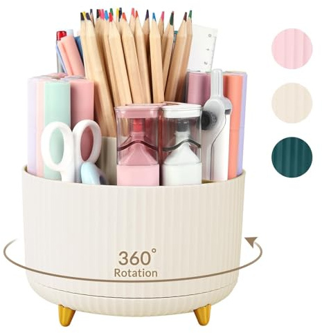 SKYDUE 360 Rotating Plastic Desk Pen Organizer with 5 Slots, Dual-Purpose Art Supply Pencil Cup for Office, School, Home