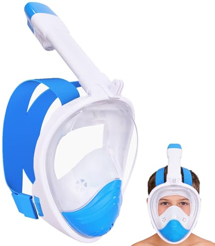 Maschera Subacquea, Maschera Snorkeling Bambino con Visuale Panoramica 180° Design Pieno Facciale Anti-Appannamento e Anti-Infiltrazioni Maschere da Immersione (Cielo Blu XS per Bambini)